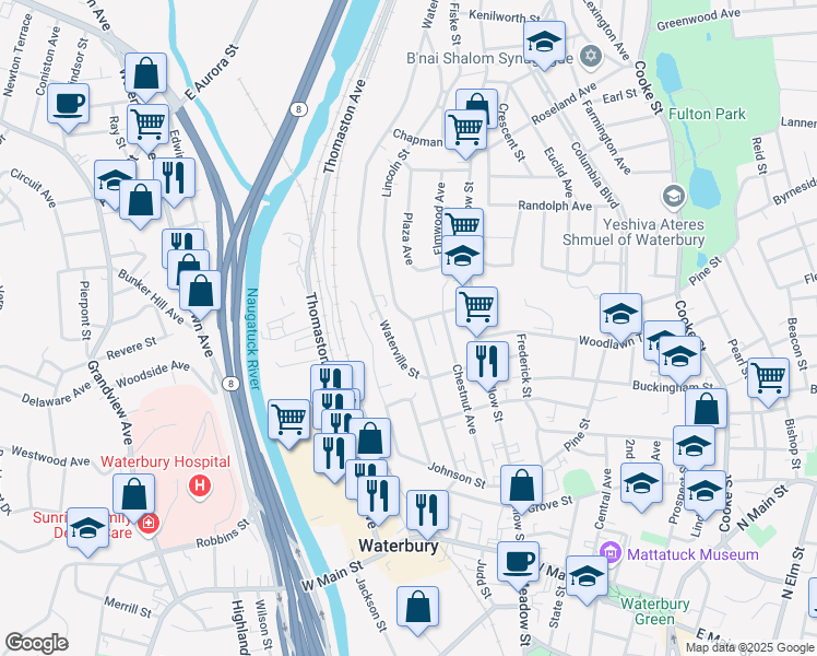 map of restaurants, bars, coffee shops, grocery stores, and more near 55 Wyman Street in Waterbury