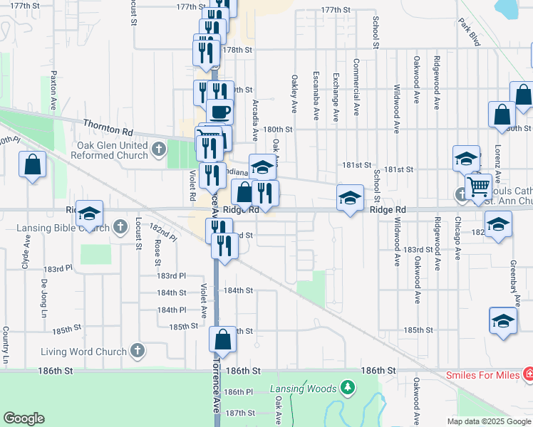 map of restaurants, bars, coffee shops, grocery stores, and more near 2536 Ridge Road in Lansing