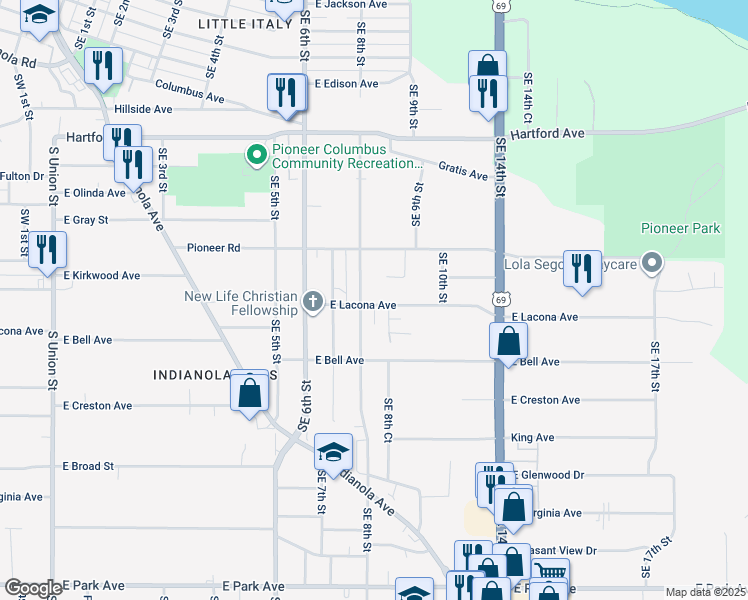 map of restaurants, bars, coffee shops, grocery stores, and more near 810 East Lacona Avenue in Des Moines