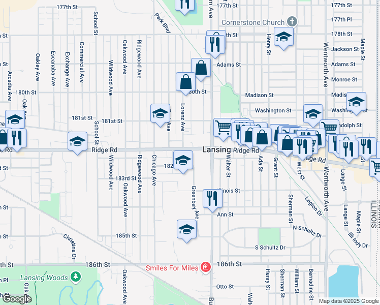 map of restaurants, bars, coffee shops, grocery stores, and more near 3108 Ridge Road in Lansing