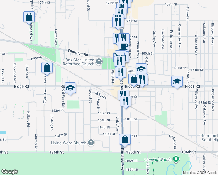 map of restaurants, bars, coffee shops, grocery stores, and more near 2255 182nd Street in Lansing
