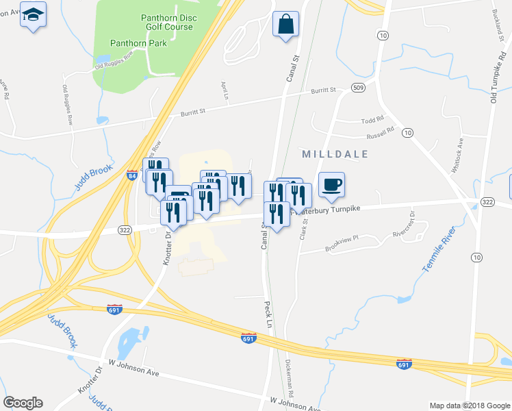 map of restaurants, bars, coffee shops, grocery stores, and more near 1721 Meriden-Waterbury Turnpike in Southington