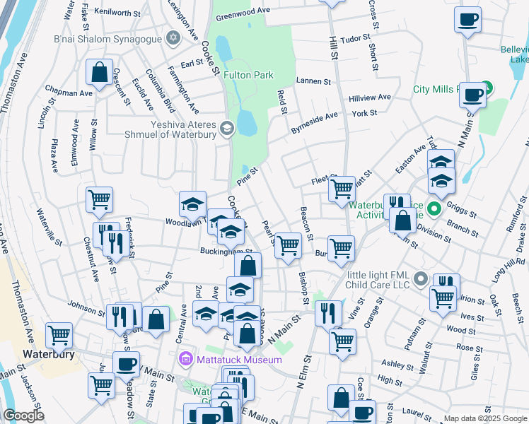 map of restaurants, bars, coffee shops, grocery stores, and more near 249 Bishop Street in Waterbury