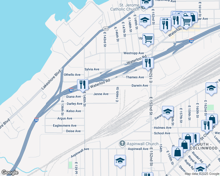 map of restaurants, bars, coffee shops, grocery stores, and more near 14323 Darwin Avenue in Cleveland
