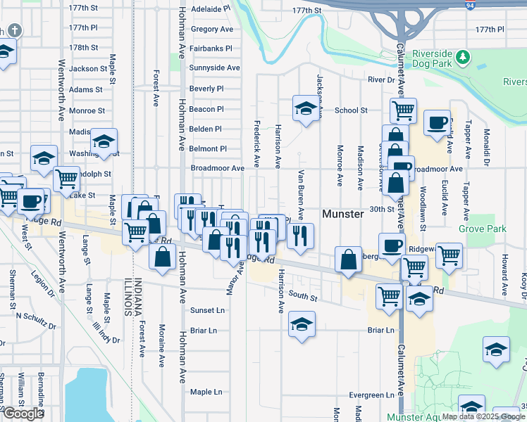 map of restaurants, bars, coffee shops, grocery stores, and more near 8147 Frederick Avenue in Munster