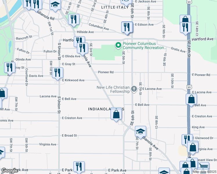 map of restaurants, bars, coffee shops, grocery stores, and more near 2311 Indianola Avenue in Des Moines