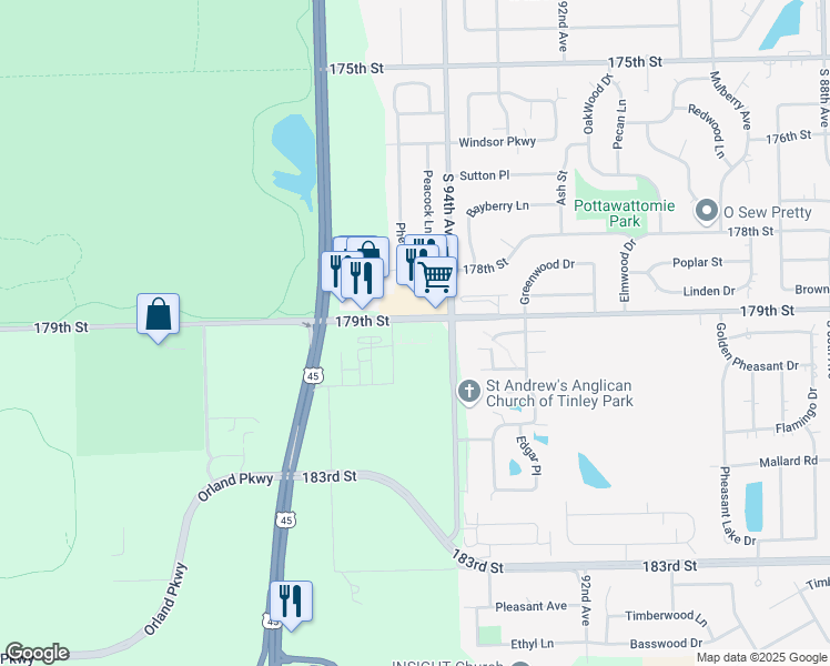 map of restaurants, bars, coffee shops, grocery stores, and more near 17900 94th Avenue in Tinley Park