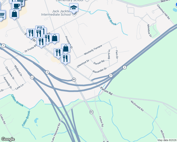 map of restaurants, bars, coffee shops, grocery stores, and more near 52 Alexander Dr in Colchester