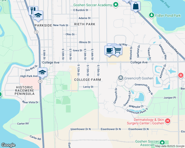 map of restaurants, bars, coffee shops, grocery stores, and more near 1729 Wildwood Court in Goshen