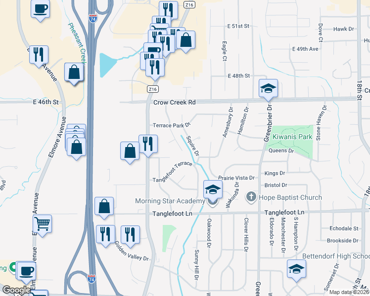 map of restaurants, bars, coffee shops, grocery stores, and more near 4215 Bunker Hill Drive in Bettendorf