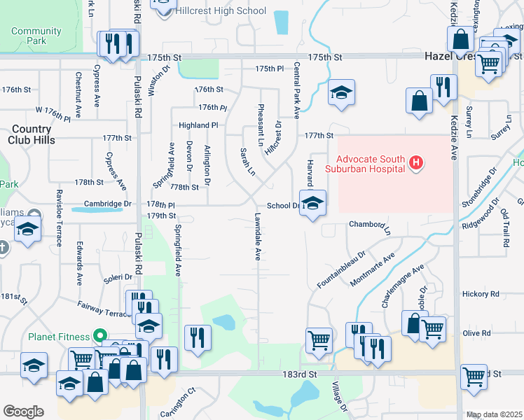 map of restaurants, bars, coffee shops, grocery stores, and more near 17891 Country Club Lane in Country Club Hills