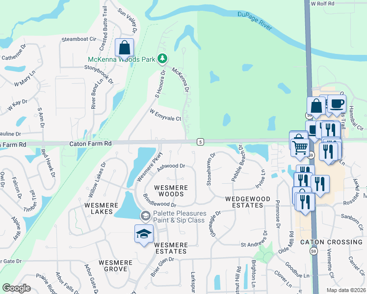 map of restaurants, bars, coffee shops, grocery stores, and more near 24448 Caton Farm Road in Plainfield
