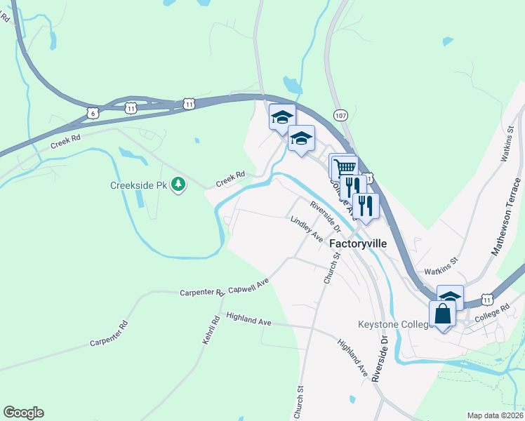 map of restaurants, bars, coffee shops, grocery stores, and more near 76 Lindley Ave in Factoryville