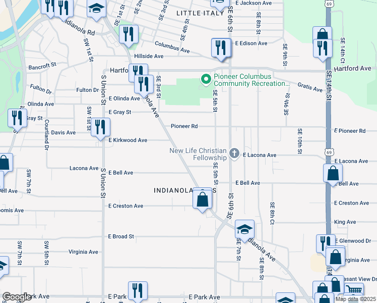 map of restaurants, bars, coffee shops, grocery stores, and more near 2311 Indianola Avenue in Des Moines