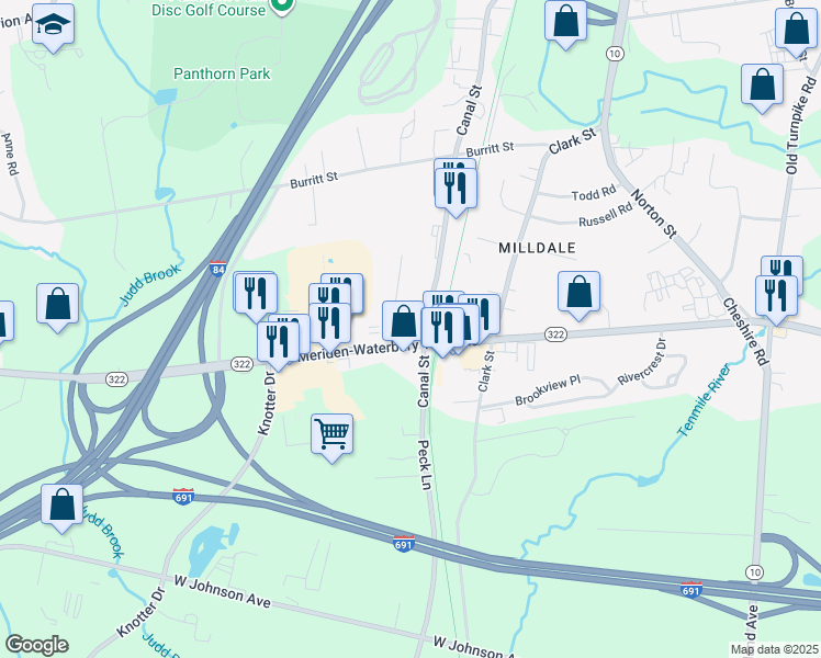 map of restaurants, bars, coffee shops, grocery stores, and more near 484 Canal Street in Southington