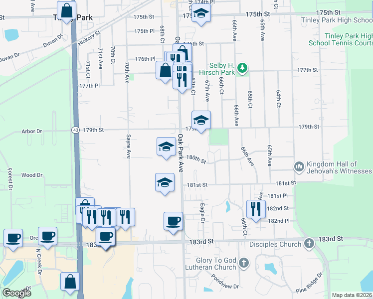 map of restaurants, bars, coffee shops, grocery stores, and more near 17979 Oak Park Avenue in Tinley Park