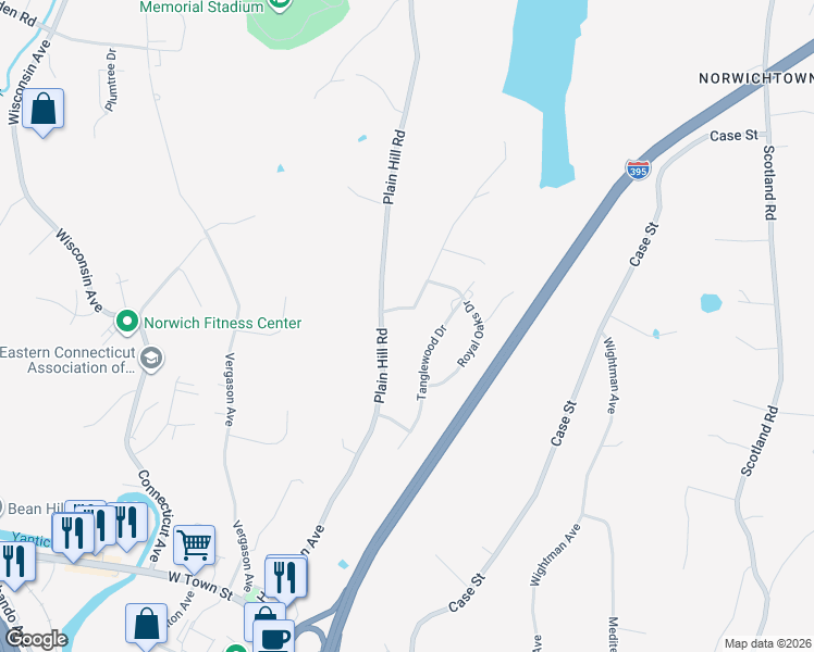 map of restaurants, bars, coffee shops, grocery stores, and more near 7 Bog Meadow Road in Norwich