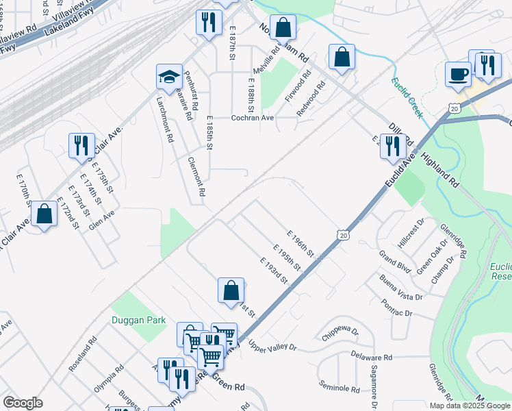 map of restaurants, bars, coffee shops, grocery stores, and more near 19571 Roseland Avenue in Euclid