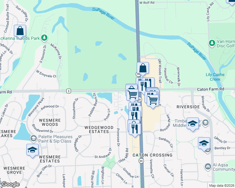 map of restaurants, bars, coffee shops, grocery stores, and more near 2339 Olde Mill Road in Plainfield