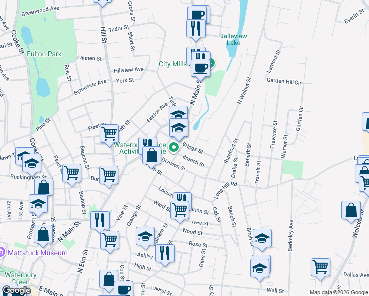 map of restaurants, bars, coffee shops, grocery stores, and more near 70 Griggs Street in Waterbury