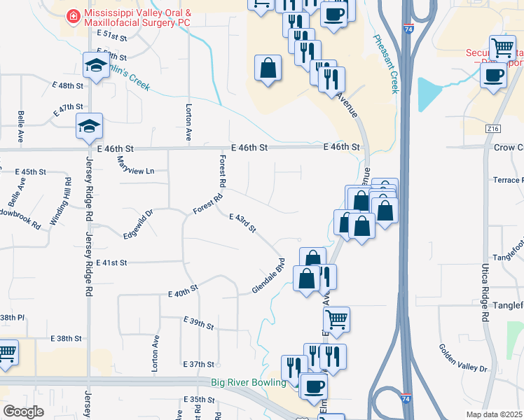 map of restaurants, bars, coffee shops, grocery stores, and more near 2855 East 44th Street in Davenport