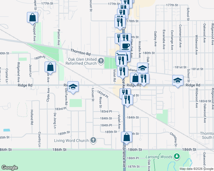 map of restaurants, bars, coffee shops, grocery stores, and more near 2255 182nd Street in Lansing