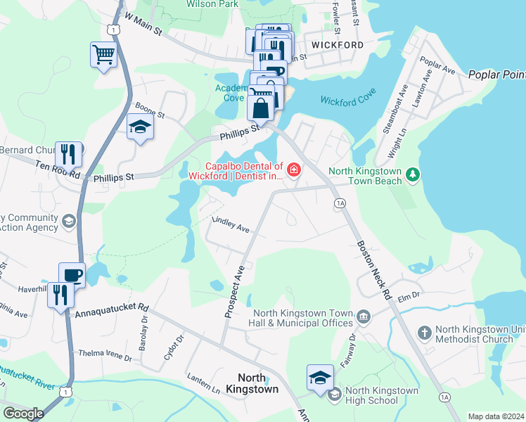 map of restaurants, bars, coffee shops, grocery stores, and more near 60 Prospect Avenue in North Kingstown