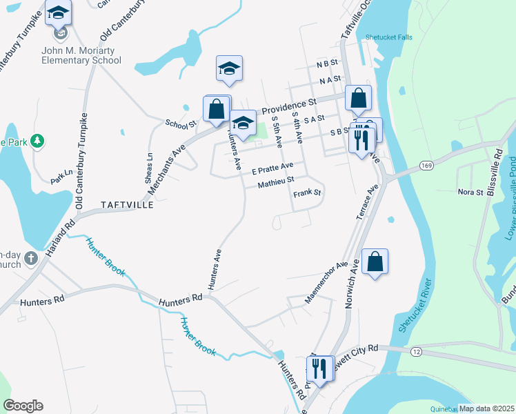 map of restaurants, bars, coffee shops, grocery stores, and more near 77 Hunters Avenue in Norwich