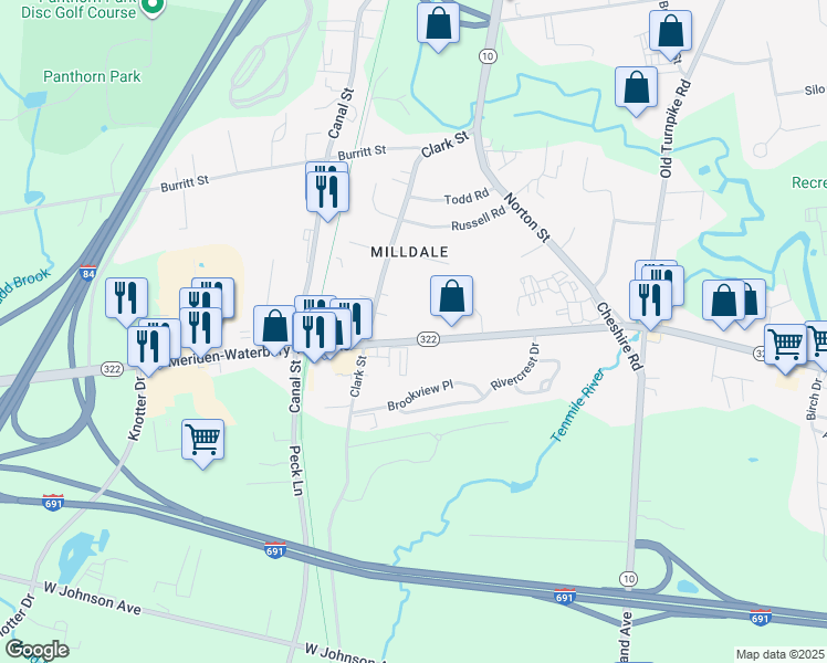 map of restaurants, bars, coffee shops, grocery stores, and more near 58 Wyndcrest Court in Southington
