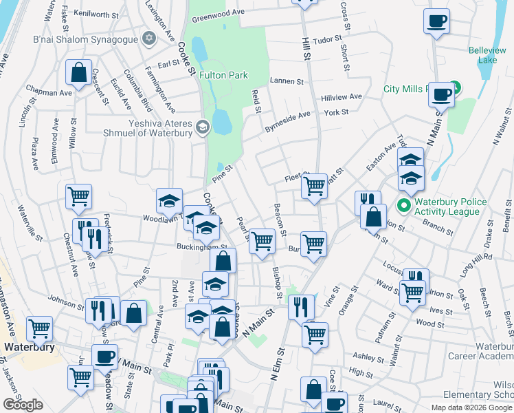 map of restaurants, bars, coffee shops, grocery stores, and more near 249 Bishop Street in Waterbury