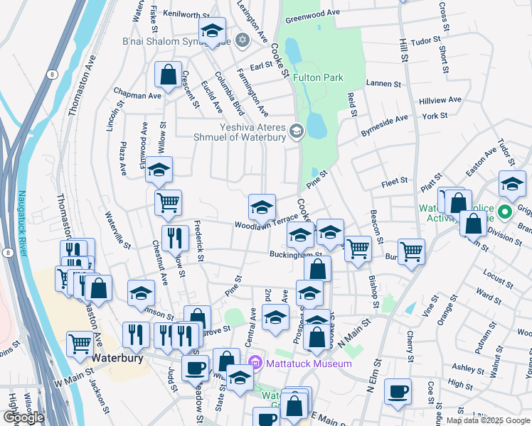 map of restaurants, bars, coffee shops, grocery stores, and more near 234 Pine Street in Waterbury