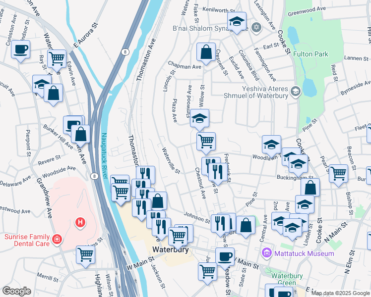 map of restaurants, bars, coffee shops, grocery stores, and more near 26 Ludlow Street in Waterbury