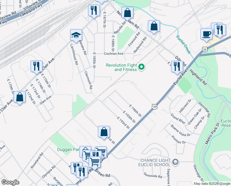 map of restaurants, bars, coffee shops, grocery stores, and more near 19571 Roseland Avenue in Euclid