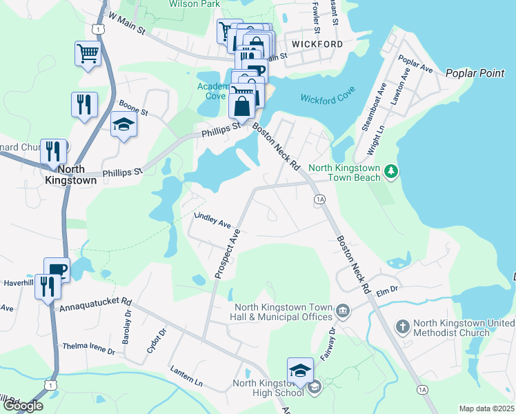 map of restaurants, bars, coffee shops, grocery stores, and more near 60 Prospect Avenue in North Kingstown