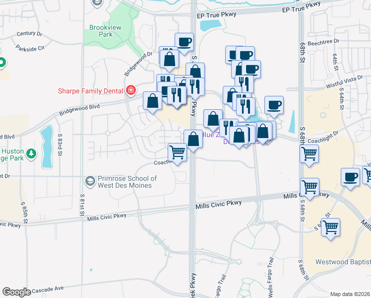 map of restaurants, bars, coffee shops, grocery stores, and more near 7425 Wistful Vista Drive in West Des Moines