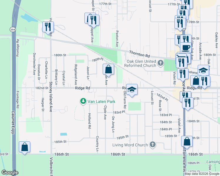 map of restaurants, bars, coffee shops, grocery stores, and more near 182 Ridge Road in Lansing
