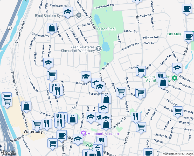 map of restaurants, bars, coffee shops, grocery stores, and more near 14 Woodlawn Terrace in Waterbury