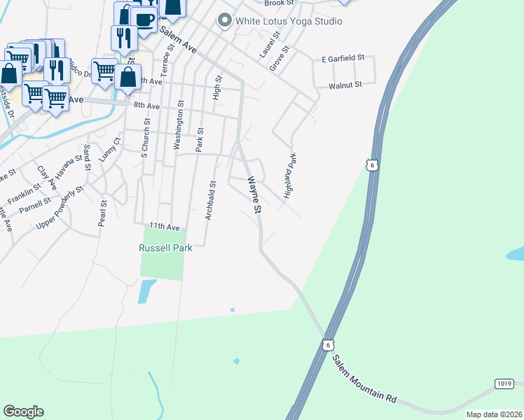 map of restaurants, bars, coffee shops, grocery stores, and more near 114-124 Wayne Street in Carbondale