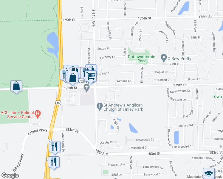 map of restaurants, bars, coffee shops, grocery stores, and more near 9312 Lochwood Place in Tinley Park
