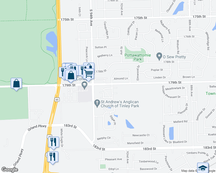 map of restaurants, bars, coffee shops, grocery stores, and more near 9312 Lochwood Place in Tinley Park