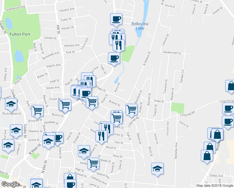 map of restaurants, bars, coffee shops, grocery stores, and more near 97 Griggs Street in Waterbury