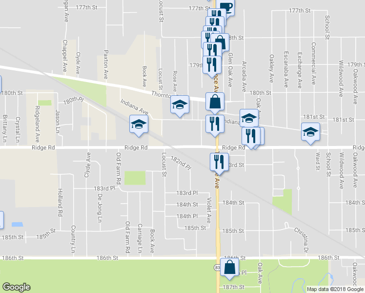 map of restaurants, bars, coffee shops, grocery stores, and more near 2328 Ridge Road in Lansing