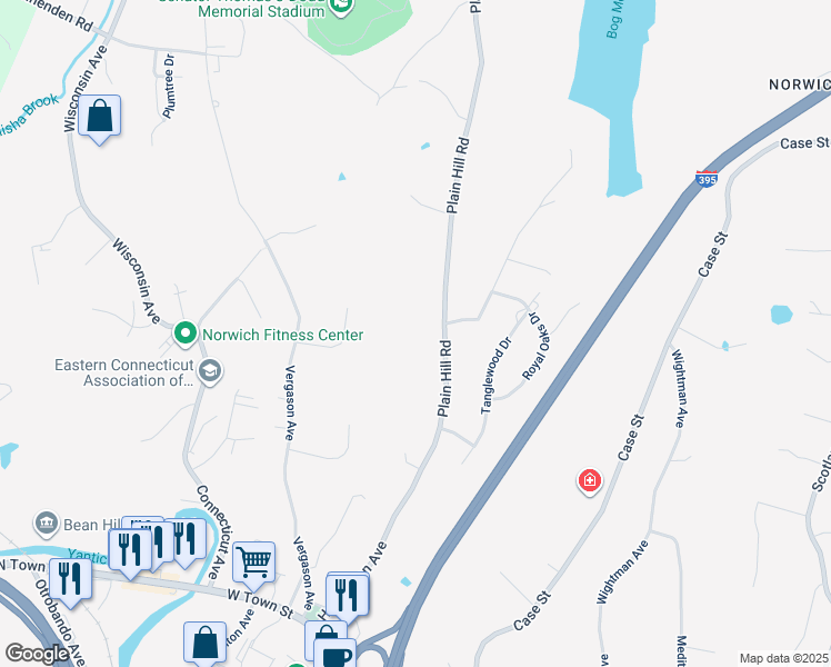map of restaurants, bars, coffee shops, grocery stores, and more near 66 Plain Hill Road in Norwich