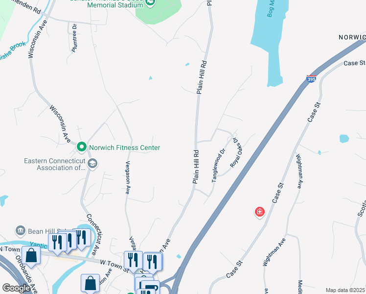 map of restaurants, bars, coffee shops, grocery stores, and more near 66 Plain Hill Road in Norwich