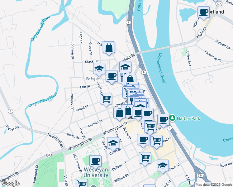 map of restaurants, bars, coffee shops, grocery stores, and more near 32 Grand Street in Middletown