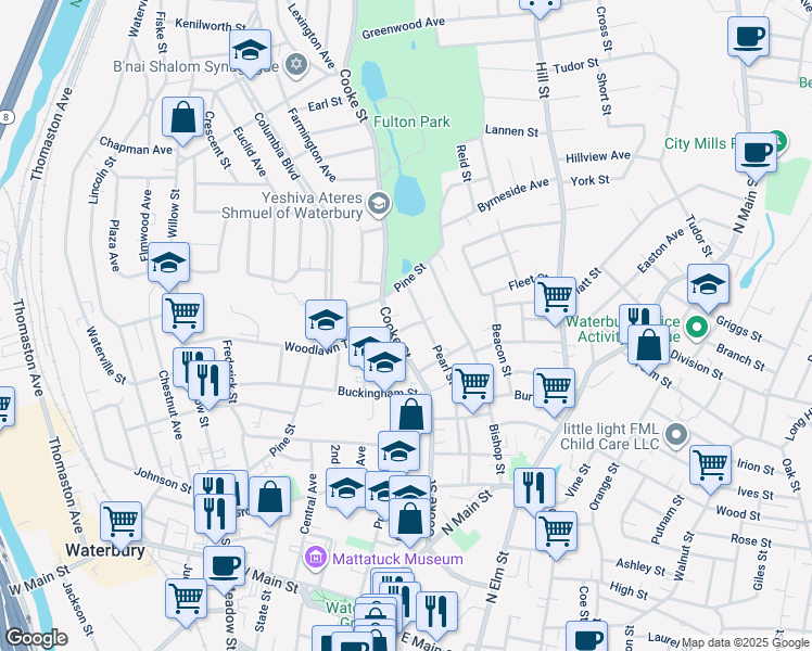 map of restaurants, bars, coffee shops, grocery stores, and more near 15 Matson Court in Waterbury