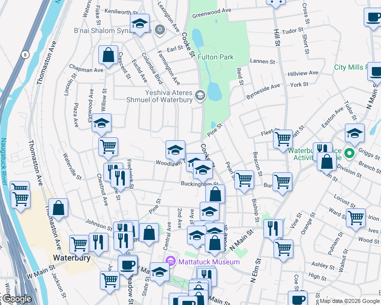 map of restaurants, bars, coffee shops, grocery stores, and more near 14 Woodlawn Terrace in Waterbury
