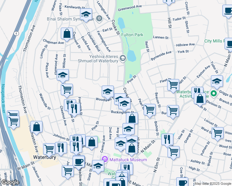 map of restaurants, bars, coffee shops, grocery stores, and more near 14 Woodlawn Terrace in Waterbury
