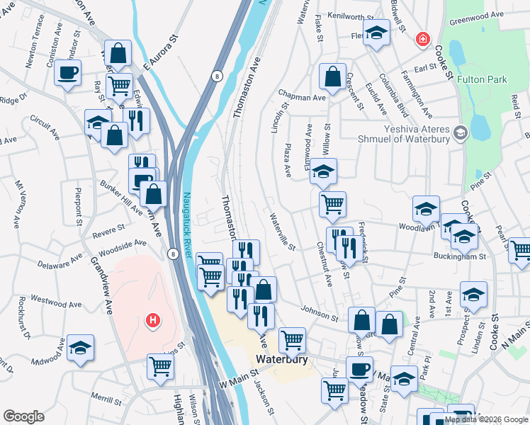 map of restaurants, bars, coffee shops, grocery stores, and more near 199 Waterville Street in Waterbury