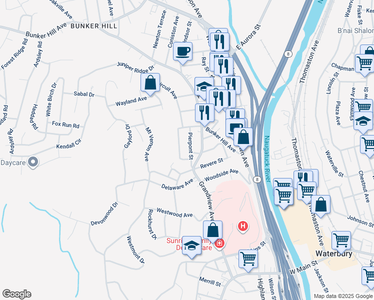 map of restaurants, bars, coffee shops, grocery stores, and more near 54 Pierpont Street in Waterbury